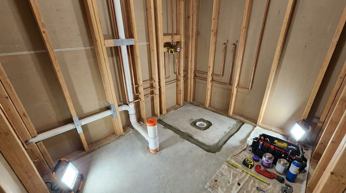 Bathroom rough-in plumbing during remodel by Johns Plumbing LLC in Leola