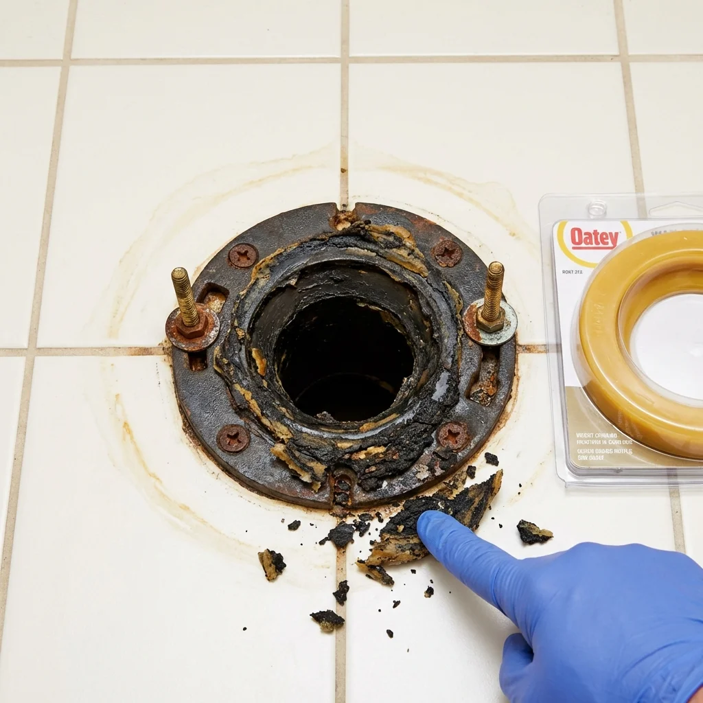 Failed wax ring showing water seepage at the base of a toilet in a Leola, SD home