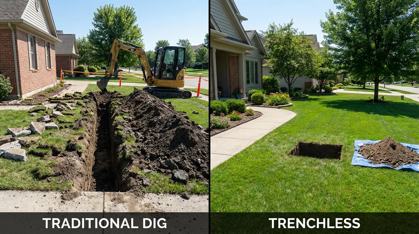 Trenchless sewer repair with minimal yard damage versus traditional excavation in Leola, SD