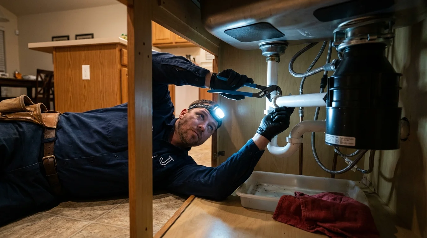 P-trap and supply line connections under a kitchen sink showing a common leak point in Leola, SD